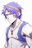 Placeholder: Anime man side character with magnetic abilities, too small muscles, aged 23, purple hair