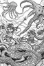 Placeholder: coloring pages for kids, 3 beatifull merman warriors fighting against a big octopus underwater, 8k, hyperdetailed, cinematic, 3d render, photo. cartoon style, thick lines, low detail, black and white, no shading, --ar 85:110