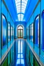 Placeholder: An exhibition of paintings whose walls are in the shape of an oval and made of blue glass and its floor is light with a wall in the middle of the hall to divide it into two parts with a corridor at the beginning and end of the wall