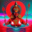 Placeholder: An oil painting of goddess Kali crossing a lake, neon red colors