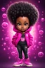 Placeholder: Create an airbrush illustration of a chibi cartoon black female thick curvy wearing a cut of hot pink hoodie and black jeans and timberland boots. Prominent make up with long lashes and hazel eyes. Highly detailed shiny black curly afro hair. Background of a large bubbles all around her 2k