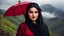 Placeholder: Hyper Realistic Close-Face-View-Of Beautiful Young Happy Pashto Woman With Beautiful-Black-Mascara-Eyes-&-Black-Hair Wearing Black-Frock & Black-Shawl-With-Maroon-Lace Carrying An Red Umbrella On Mountain-Top With Greenery & Breathtaking Cloudy-Rainy-Weather Showing Dramatic & Cinematic Ambiance.