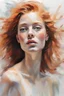 Placeholder: white background, oil painting with visible impressionistic strokes of a beautiful ginger woman, dynamic pose, abstract background, impressionistic style, (impressionism:1.1) soft pastels, tetradic colors, upper body shot, zoomed, emotionally evocative, expansive strokes, atmospheric, dynamic, dramatic, best quality, best resolution Test, by alex1shved, highly realistic, ruddy skin, beautiful, full lips, smiling, feeling of lightness and joy, hyperrealism, skin very elaborated, direct gaze,