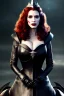 Placeholder: christina hendricks as evil queen in black leather gown on a horse, angry, stern look, volumetric lighting, particales,highly detailed,cinematic, deep colours,8