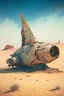 Placeholder: spaceship sitting on a desert plain near a ruined town