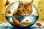 Placeholder: goldfish bowl with a cat hanging upside down over the edge with its head submerged in the fishbowl. The cat tries to catch a goldfish with one paw, causing a lot of splashing water and small drops of water. unpatterned, plain background. Greg Rutkowsky style, intricate details, graffiti art, splash art, street art, spray paint, oil gouache melting, acrylic, esoteric elegance, key light reflected in shimmering eyes, fantasy realism, 3D, UHD, HDR, bright, vivid colors, meticulo