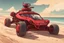 Placeholder: red futuristic speeding detailed cyberpunk dune buggy with a radar antenna racing along the the beach viewed from the front