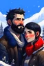 Placeholder: Mountain Christmas scene, dark haired couple, man with short black beard, blue eyes, sketch