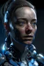 Placeholder: Cyborg female evolving | concrete floor | detailed | fine art | highly detailed | smooth | sharp focus | ultra realistic | full body portrait view, Mysterious,blue metal, smile