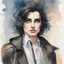 Placeholder: a headshot of an androgynous person with shoulder length black hair and (heterochronic eyes), intricately detailed, watercolor splash art