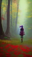 Placeholder: bright colorful with young girl walking in woods, lots of red flowers, with a yellow dog