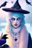 Placeholder: Friendly witch, playing with crows, perfect eyes, pastel colours, snow, style Elisabeth Kreitz