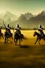 Placeholder: mounted knights galloping across an open field, swords in hand, mountains in distance