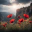 Placeholder: Red poppies blossoming in sharp focus against sunlight, brooding cliffs, bokeh effect softening the foreboding clouds in the background, studio photo setup, intricate petal details showcasing a cinematic production value in character renders, vibrant yet with high contrast, captured from a dark, low angle, atmospheric mood, 8k HDR resolution for a hyper-realistic botanical masterpiece, 500px quality.