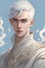 Placeholder: create a young male air genasi from dungeons and dragons, white short hair, undercut, light blue eyes, wind like hair, wearing vestments, He is smoking, realistic, digital art, high resolution, strong lighting