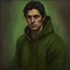 Placeholder: A dark-haired man, brown eyes, green hoody, Oil portrait, lichtenstain style