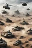 Placeholder: battlefield with many tanks and helicopter fight each other