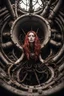 Placeholder: Girl with big eyes, fullbody, dieselpunk, valves extended like roots rising from the ground, the perspective looking up from the bottom of an empty well , 8k, macro photography by <John Kenn Mortensen>, darkred tones,