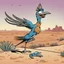 Placeholder: Roadrunner from the Looney Toons cartoon, thought bubble text "MEEP MEEP", background of a desert, television still