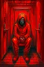 Placeholder: A scary gothic person sits quietly in the middle of a soundproof, padded room conveying intense dramatic emotions in a muted environment, wearing a bright red straitjacket , a mask to cover the mouth area of cannibal evil scary, dark and gothic look, cold eyes, eary ultra detailed,.32k, digital art style with messy paint, hardened sealer appearance, impasto, dramatic Arial view with explosive chaotic background