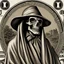 Placeholder: hedcut wsjstyle engraved light lined based on united states federal reserve note dollar bill with the grim reaper the president photorealistic