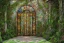 Placeholder: open iron gates made of colorful stained glass, covered in vines, trees, very large entry leading to a lush garden, see lot details in the garden, photo realistic 4k, nature, beautiful hand laid checkered pattern stone walkway path, trending on artstation, sharp focus, studio photo, intricate details, highly detailed, by greg rutkowski