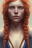 Placeholder: Woman, big tit, beautiful, orange hair, two braids, bangs, blue eyes, big eyes, freckles, long eyelashes, Frozen, 8k resolution concept art portrait by Greg Rutkowski