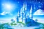 Placeholder: fairy and cosmic landscape with blue grass, magic plants, sky with light and stars. fairy white castle with diamond