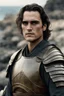 Placeholder: A portrait of Joaquin Phoenix in his early 30s, long beachy haircut, black hair, on a rocky island, in burnished medieval samurai armor, melancholic and dangerous facial expression, half-smiling