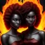 Placeholder: 3D. Detailed Painting .realistic. Dark skin women. Beautiful. the faces of two young black women. Warm. Fire nymphs emerging from the flames.red.. Energy. Focus. THeir hair looks like smoke .smoke curling. Dreadlocs. Their skin is the colour of charcoal . Their hair moves like smoke. . their clothing is made of flames, red. Orange. Yellow. White and gold