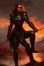 Placeholder: A formidable warrior girl in black armor, on the background Amazing gloomy landscape, flooded with sunset, mountains, trees, fabulous scary hero, , juicy emotions, painting, dark fantasy, gloomy day, dark world, portrait, by James Paick & Anna Razumovskaya