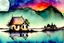 Placeholder: watercolor and alcohol ink painting of an old and precarious house on a small island in the middle of a lake with a huge moon in the background and reflecting in the water, a small boat leaning against it. watercolor painting, very naive style, abstract, extremely simple and wild, almost bad, no technique, corroded, high resolution