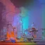 Placeholder: group of scientists is in the laboratory. invent new colors. smoke rises from multi-colored glassware. they are wearing overalls. color swatches in the background. hyperdetailed, orange and teal, warm colors, detailed painting, photorelistic, oil on canvas, light dust, futuristic. volumetric lighting