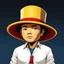 Placeholder: Gustavo Petro, comic style artwork, dark yellow, black, red and blue, with wide-brimmed hat, with white shirt, calm, chibi