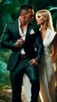 Placeholder: Jason david frank muscular male with short dark hair and tribal tattoos wearing a designer suit, whispering in ear of young blonde woman wearing white dress. fantasy, hyper realistic