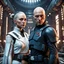 Placeholder: a bold and heroic bald male Corellian pilot in black and metallic grey First Order special forces gear meets a female Jedi Master in ancient, mystical temple, hyperdetailed, dynamic lighting, hyperdetailed background, 8k resolution, volumetric lighting, light skin, fully symmetric details