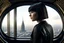 Placeholder: girl wearing black leather, shoulder-length bob, with fringe, in a science fiction building looking out over a large city