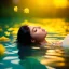 Placeholder: girl underwater with yellow flowers for hair, closed eyes, rtx, reflection, 8k, glow, winning photography, caustics, black hair, peruvian girl, luxury