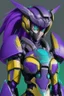 Placeholder: One Genderless Cyborg made of old metal, has a human like face with a really long violet ponytail, the armor is similar to Omega from Megaman. The color palatte of the armour is deep purple and yellow. They have clear visor, and have Turquoise colured eyes. The Background is dark grey.