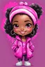 Placeholder: Create an abstract graffiti water color painting illustration of a chibi cartoon black female curvy smiling and hot pink scrub suit. Prominent make up with lush lashes and hazel eyes. Highly detailed slick ponytail thats wavy. background of the amour of stethoscopes