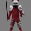 Placeholder: Chat, Modélisme trois dimensions, anthropomorphique, habillé comme un ninja, armure très détaillée, argent, rouge sang, réalisme