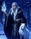 Placeholder: a young High Elf frost Wizard with long wiry hair, wearing a black trimmed white nobleman's robe and frost ornaments on clothes, with a small weasel on his shoulder