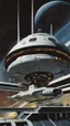 Placeholder: A spaceship docked at an alien space station, in the style of John Berkey and Gerald Brommell, scifi art. --v 6. 0 --ar 51:64