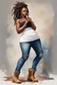 Placeholder: Create a watercolor image of a curvy black female wearing tight cut up jeans and a off the shoulder white tshirt with timberland boots. Prominent make up with hazel eyes. Highly detail dread locs