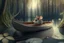 Placeholder: mouse in boat, in forest by lake, book illustration, fine detail, 4k, trending, volumetric light, depth of field