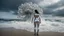 Placeholder: Wide-angle shot of a woman, standing to one side on a beach with huge waves, with dark hair in a silver robotic catsuit, many large jellyfish shaped like mushrooms with tentacles floating in the air, masterpiece, best quality, super detailed
