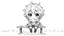 Placeholder: detailed graphic art style, cute anime, detailed chibi face, sitting in modern-fantasy clothes on bench, messy hair dreamline background, childbook style, detailed linework, highly detailed drawing, modern vibe, artwork, grayscale, no photorealism