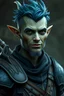 Placeholder: 50 year old water genasi sorcerer with weathered green skin, green eyes, short blue-green hair, fin-like ears, no beard, and a half smile wearing blue and black leather armor