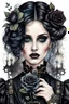 Placeholder: hyper photorealistic watercolor art style of a steampunk gothic style young woman with pale skin, big dark eyes, tiny nose, tiny mouth and messy dark hair , deep, dark colors, holding a black rose. She is gothic dressed, her expression is melancholic, surreal with mysterious elements. smooth blending, extremely detailed, realistic textures, cinematic, dramatic lighting