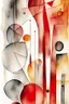 Placeholder: Abstract watercolour in the style of Paul Klee and Barbara Hepworth in red,grey and gold on watercolour background